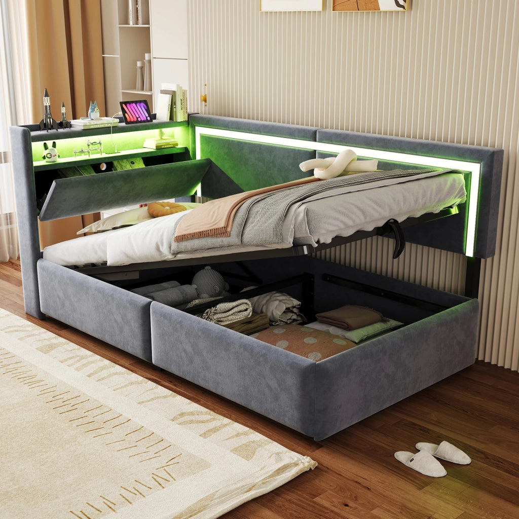 Divano letto imbottito con contenitore, testiera con ripiani, LED e USB, rete a doghe, in velluto grigio 90 × 200 cm