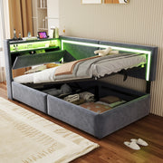 Divano letto imbottito con contenitore, testiera con ripiani, LED e USB, rete a doghe, in velluto grigio 90 × 200 cm