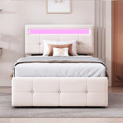 Letto imbottito singolo 90×200 cm con LED; contenitore idraulico e testiera regolabile; senza materasso; beige
