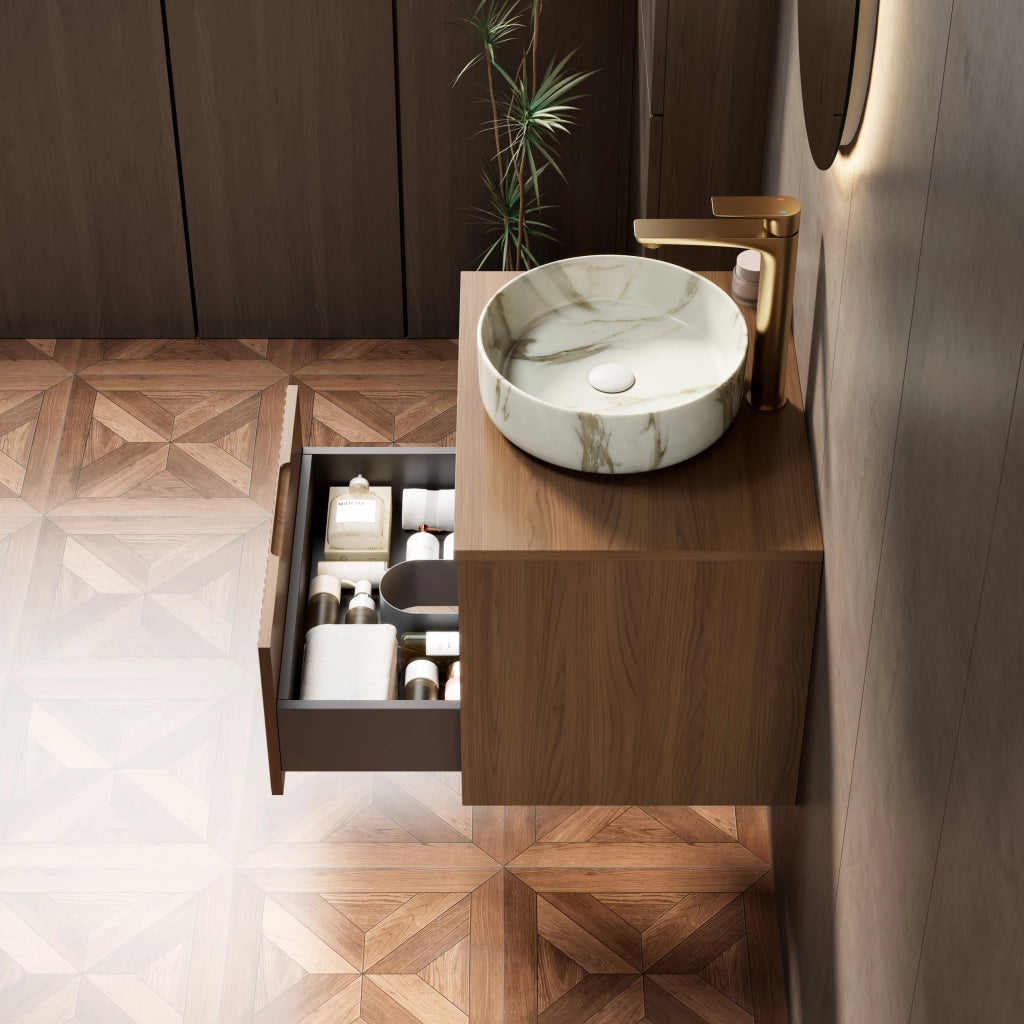 Mobile bagno sospeso con 1 cassetto e 1 vano aperto con lavabo in ceramica e luce LED per bagno 60×46×58.8 cm