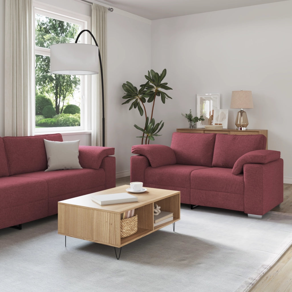Set divano 3 pezzi con cuscini color rosso vino in tessuto