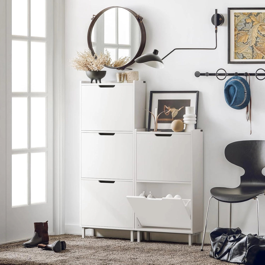 Scarpiera Salvaspazio Slim da Ingresso Mobile Portascarpe con 2 Ante a Ribalta Regolabili in Legno Armadio Scarpiera Alta e Stretta per Corridoio, 50x19x90 cm，Bianco, FSR151-W