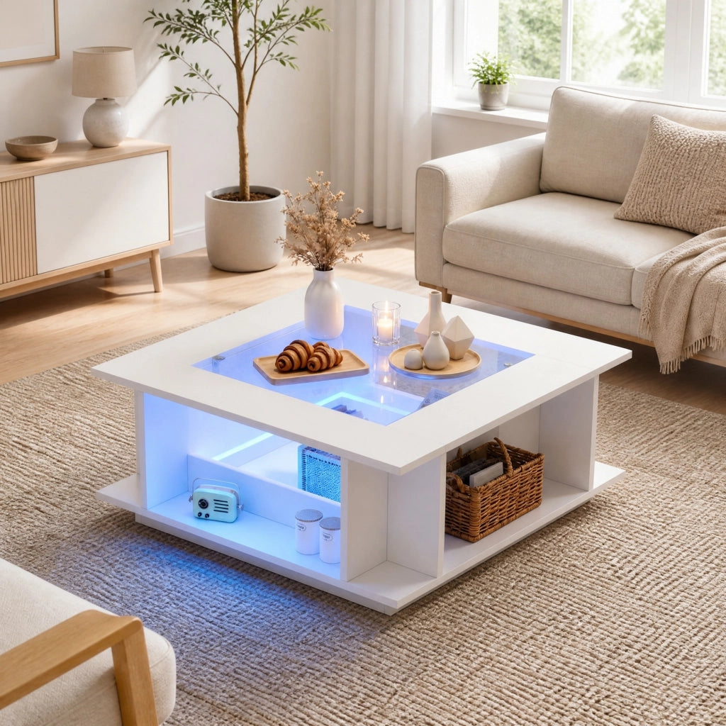 Tavolino da salotto quadrato 70¡Á70¡Á30 cm bianco con piano in vetro, finitura lucida, illuminazione LED e contenitore