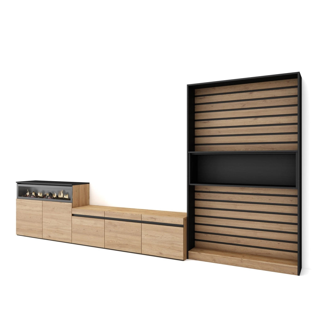 Mobile TV, Soggiorno, 360x35x186cm, Per TV fino a 65", Camino elettrico, colore Rovere e nero RF3164