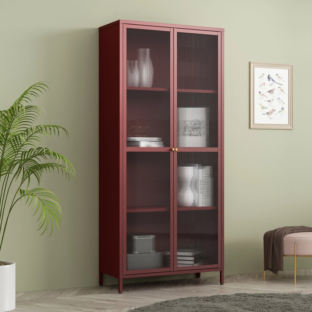 Armadio a Vetrata Säkylä con 4 Scomparti 180 x 80 x 35 cm in Acciaio - Rosso Vino [en.casa]