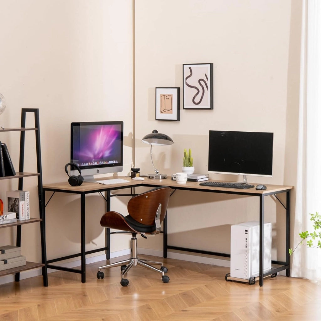 Scrivania ad angolo a L con presa di corrente, Scrivania per computer da 168cm con supporto CPU e telaio in metallo Naturale-Scrivanie