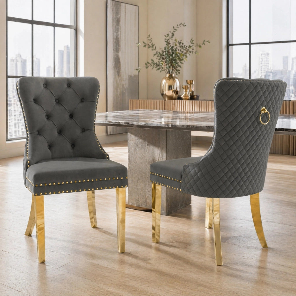 Set di 2 Sedie da Pranzo con Anello sullo Schienale e Borchie Decorative; per Cucina e Soggiorno; Velluto; Grigio
