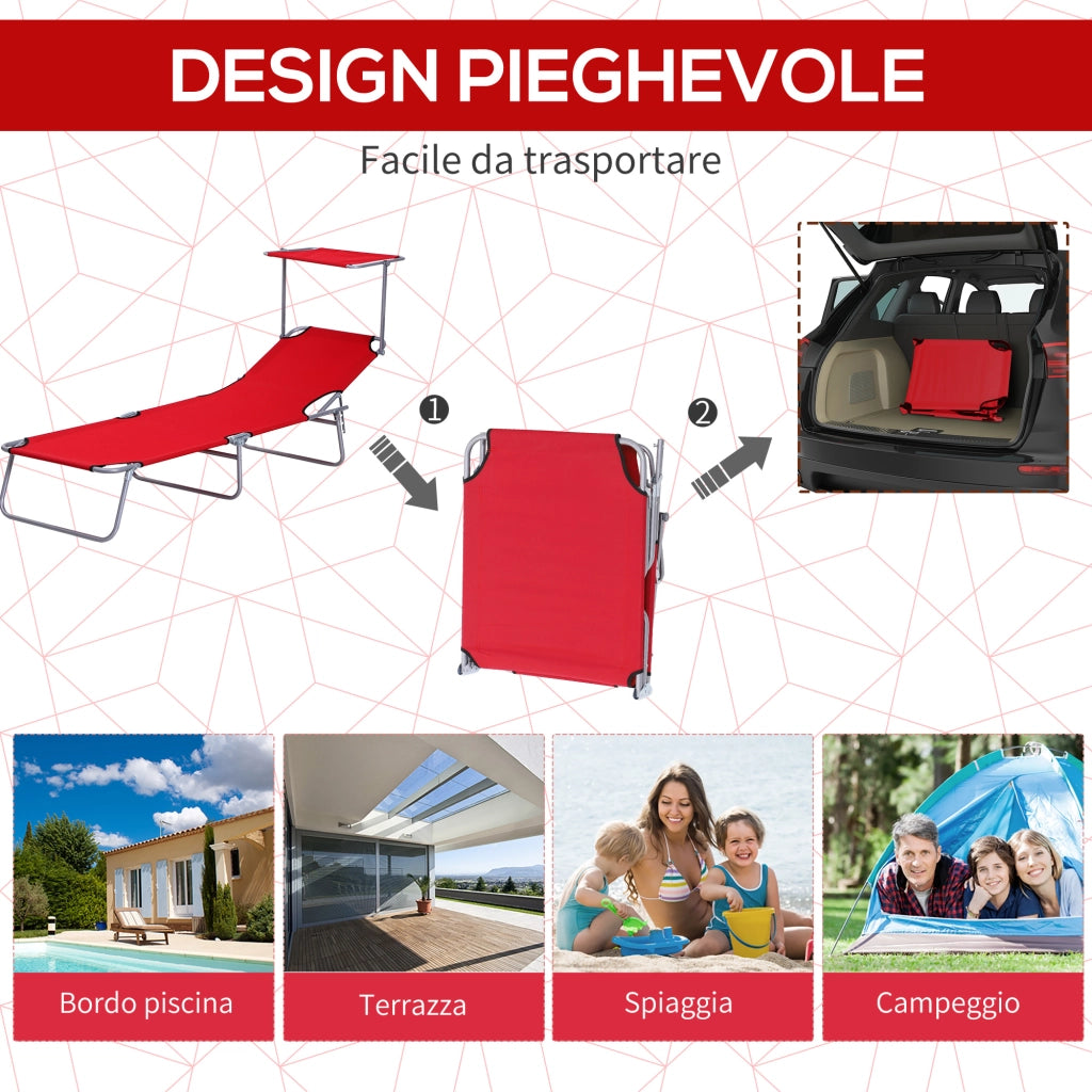 Sdraio da Giardino Pieghevole con Tettuccio Regolabile e Schienale Reclinabile a 4 Livelli, Rosso
