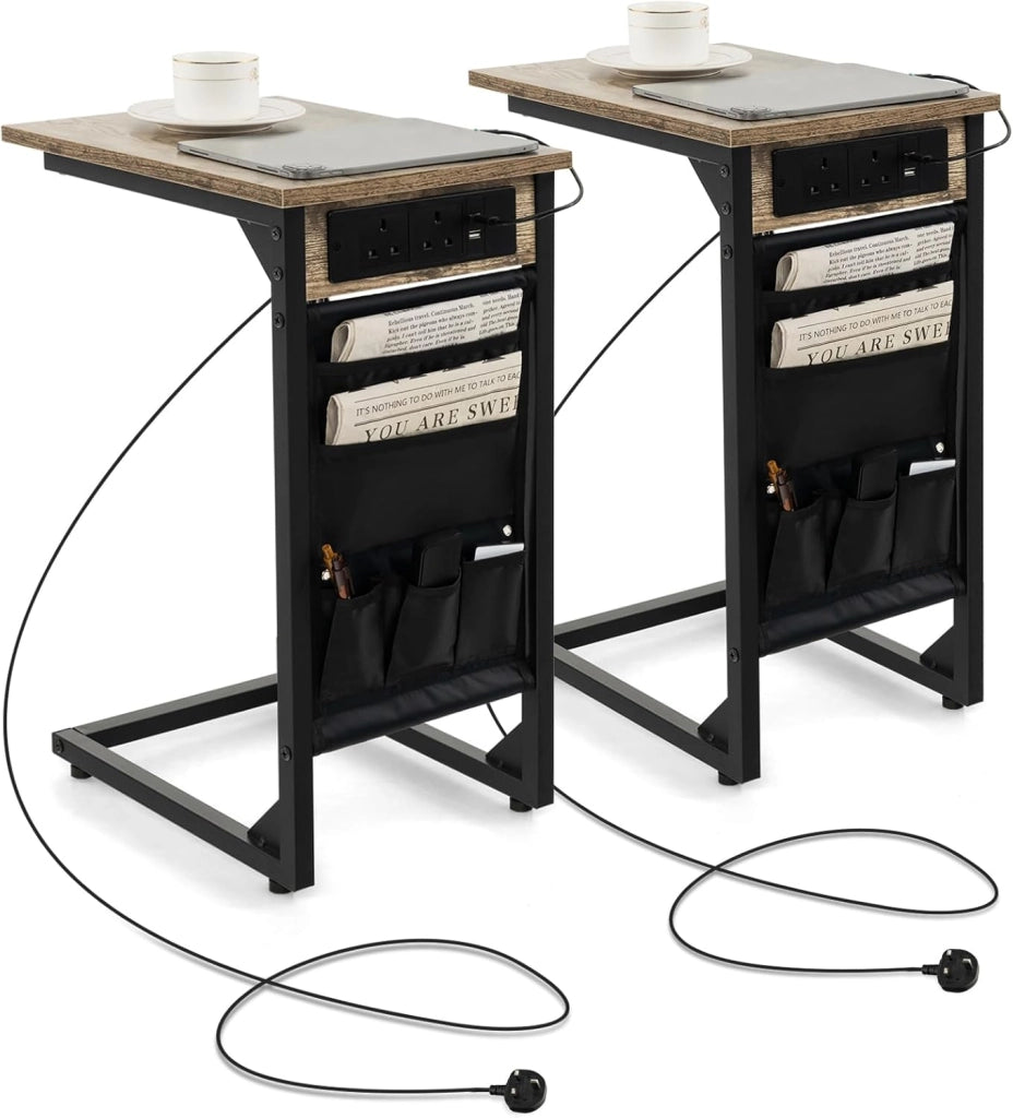Set di 2 tavolini a forma di C con stazione di ricarica, estremità del divano con borsa laterale, 2 prese e 2 porte USB, comodino, per soggiorno, camera da letto, 40 x 30 x 60 cm