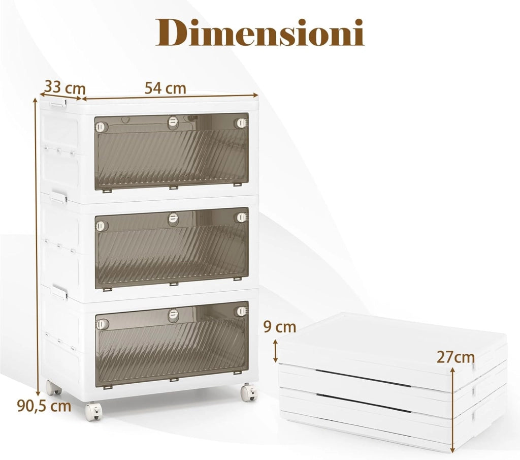 Comodino in Plastica Multipiano con Coperchio 126 L, Scatole Impilabili con 4 Ruote e Freni, Contenitori di Stoccaggio Pieghevole, per Soggiorno, Camera da Letto e Bagno, Bianco (3 Ripiani)