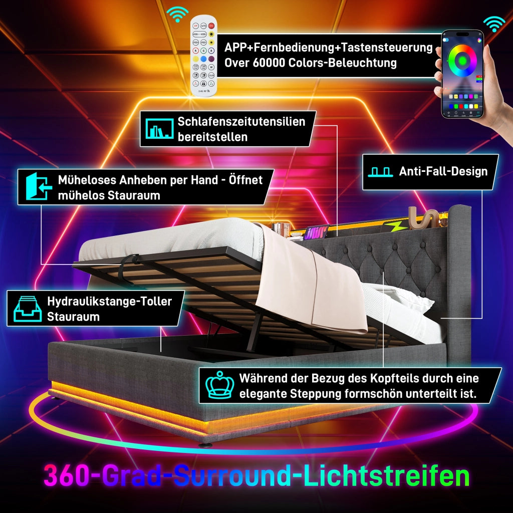 Letto imbottito idraulico con illuminazione a LED e porta USB 140x190 cm colore grigio lino