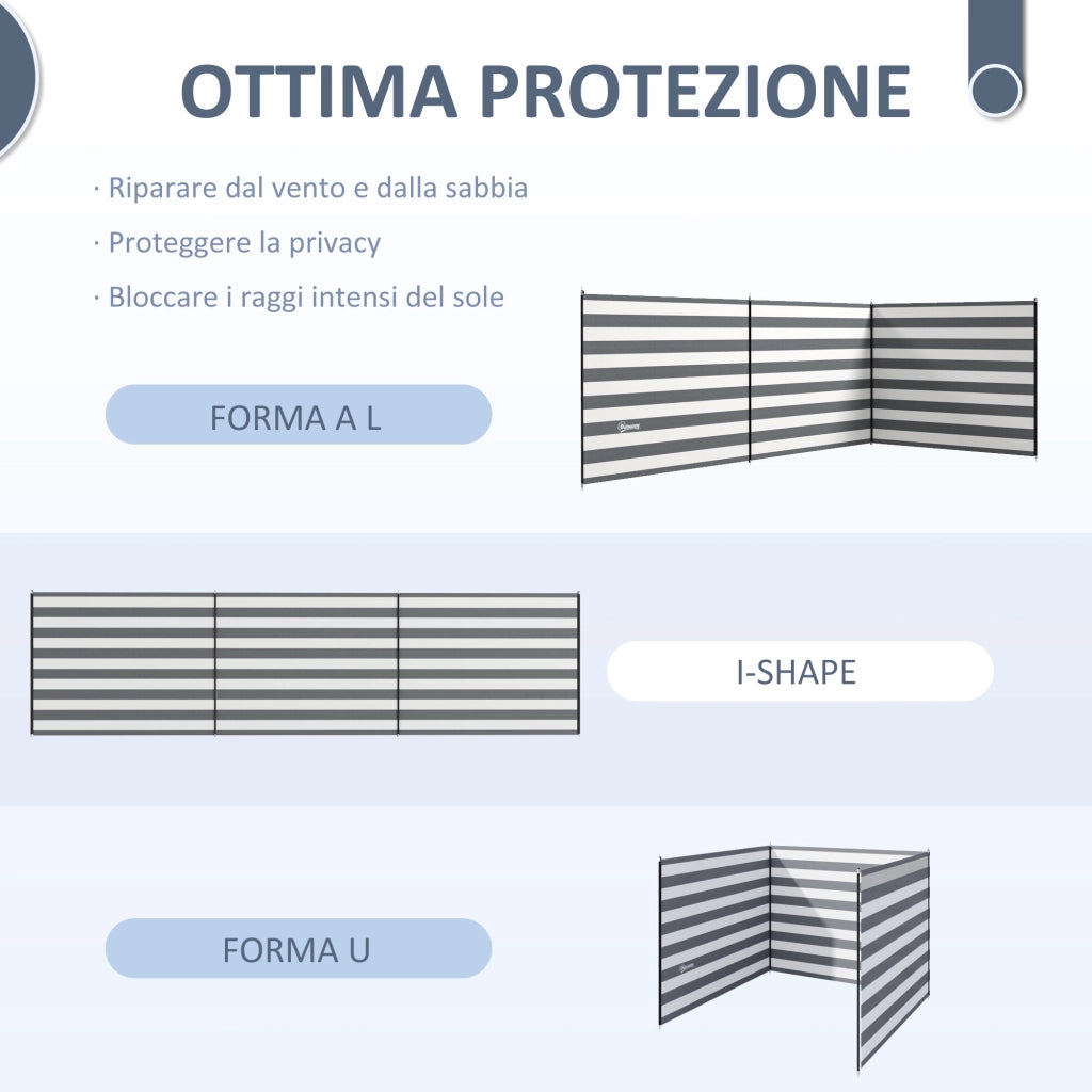 Paravento da Spiaggia Pieghevole Frangivista 540x150 cm in Poliestere con Barre in Acciaio Grigio