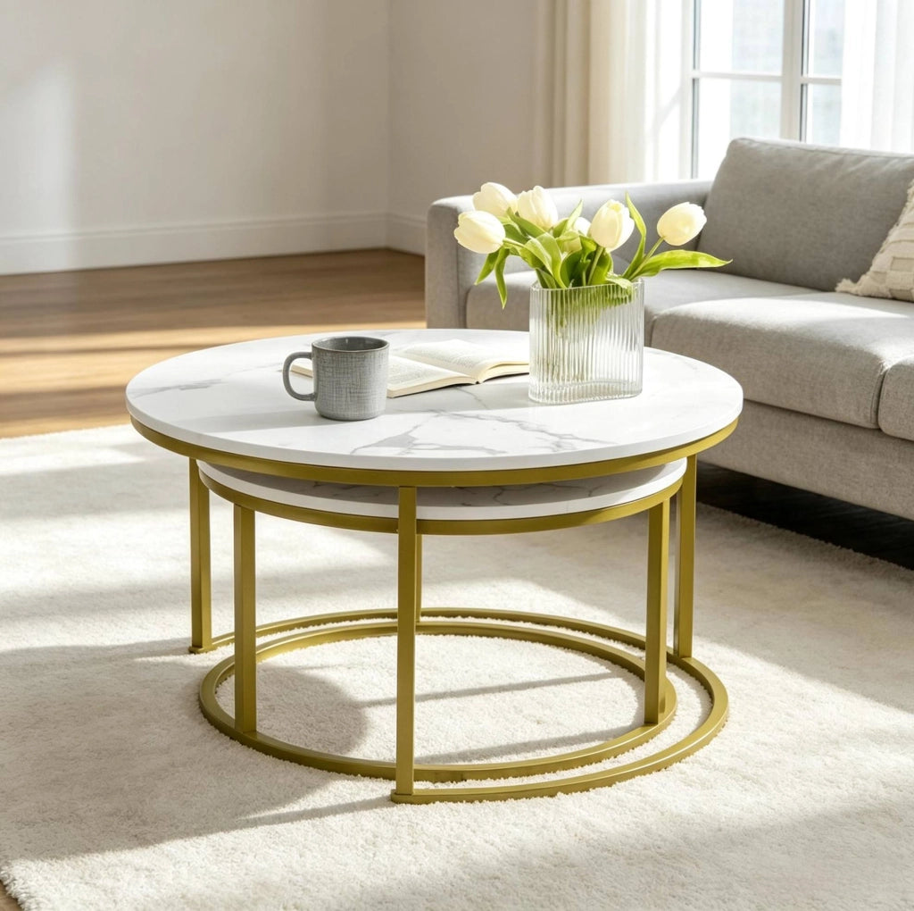 Set di 2 tavolini da caffè impilabili oro e bianco effetto marmo
