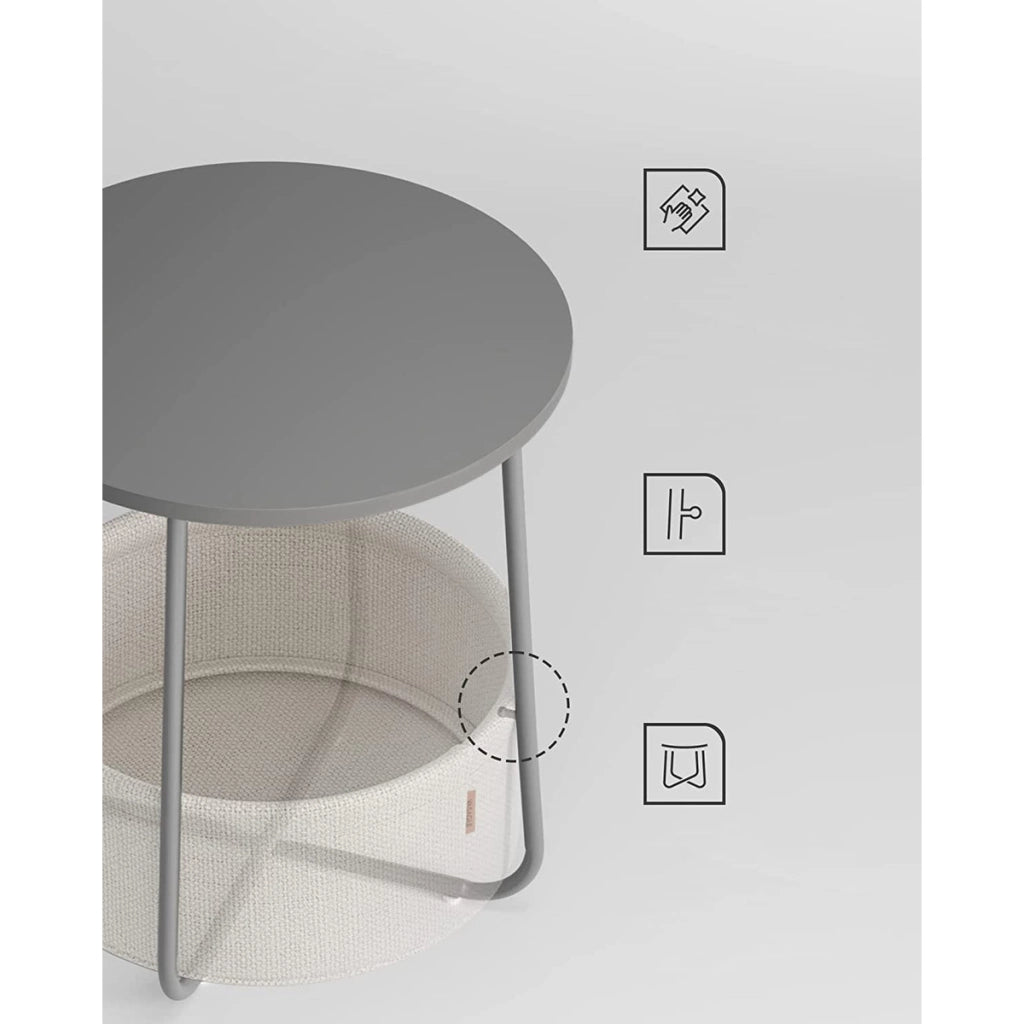 Tavolino rotondo moderno grigio con cesto portaoggetti