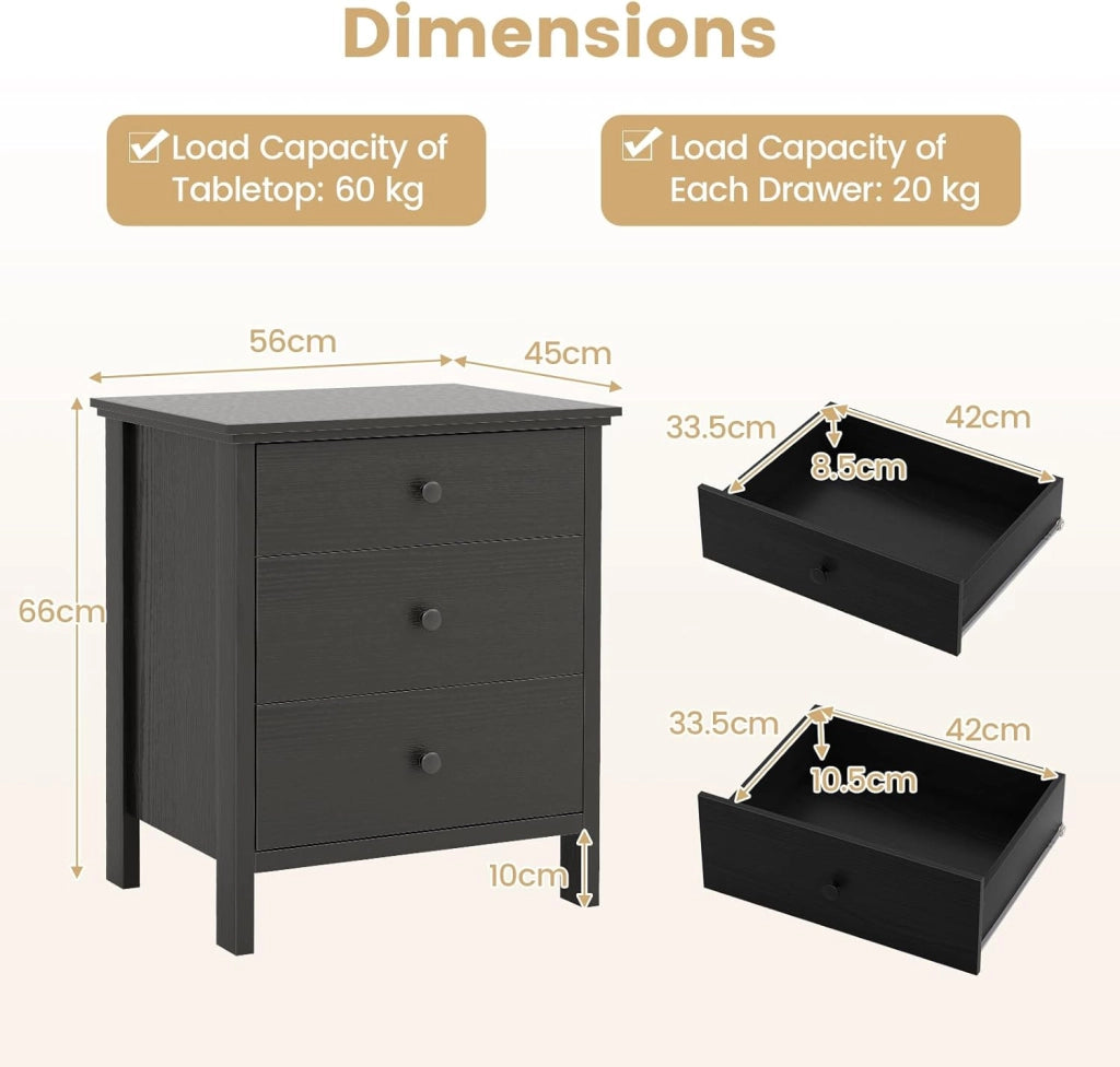 Comodino Camera da Letto con 3 Cassetti, Cassettiera Piccola in Legno, Tavolino da Caffè Elegante per Soggiorno, Ufficio, Studio, 56 x 45 x 66 cm (Nero)