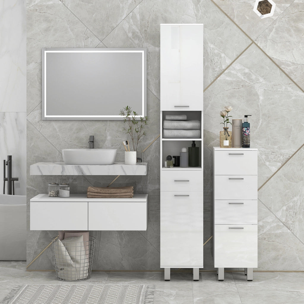 Mobiletto Bagno in Truciolato con 4 Cassetti e Base Rialzata, 30x30x93 cm, Bianco