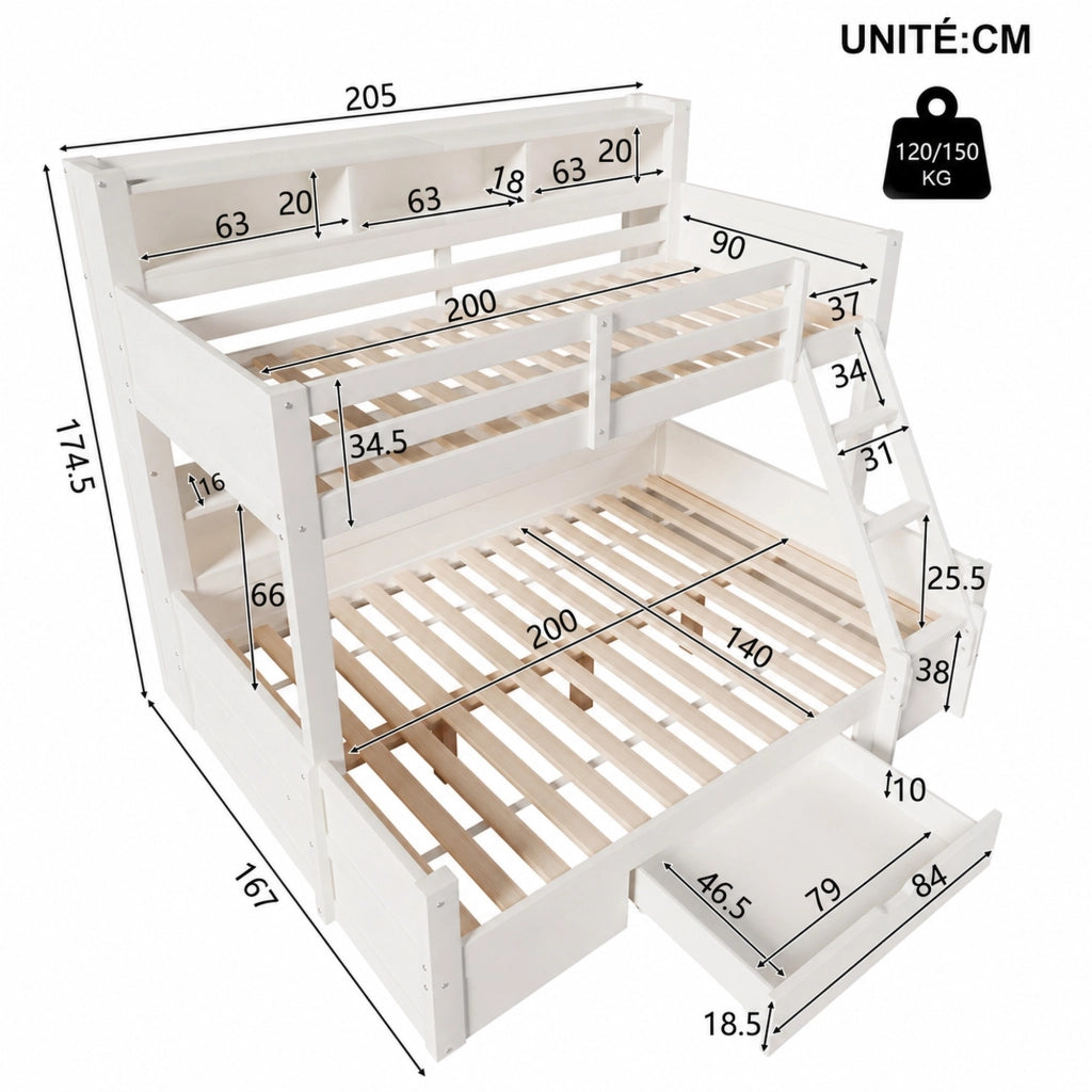 LETTO A CASTELLO 90x200 cm + 140x200 cm in legno bianco con LED