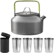 Set di Tavola da Esterno - Kettle a Stufa da Campeggio 0,8L Teiera con 4 Tazze in Acciaio Inossidabile e Borsa da Trasporto - in Alluminio Duraturo - Ideale per 1-4 Persone