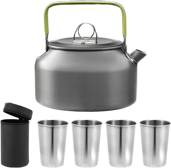 Set di Tavola da Esterno - Kettle a Stufa da Campeggio 0,8L Teiera con 4 Tazze in Acciaio Inossidabile e Borsa da Trasporto - in Alluminio Duraturo - Ideale per 1-4 Persone