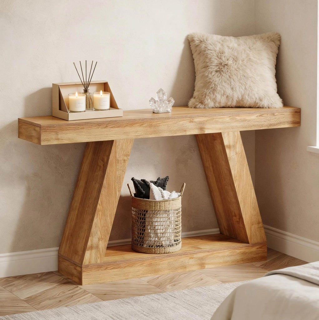 Tavolo consolle rustico in MDF naturale con contenitore