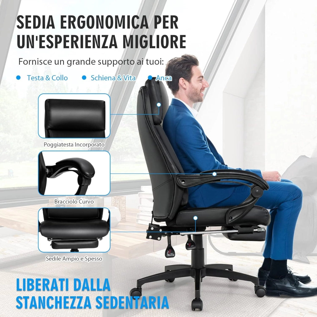 Sedia da Ufficio Girevole a 360°, Poltrona con Schienale Alto in Pelle Reclinabile, Altezza e Schienale Regolabile, Ergonomica Poggiatesta, Bracciolo e Poggiapiedi, Ruote, Portata 150 kg