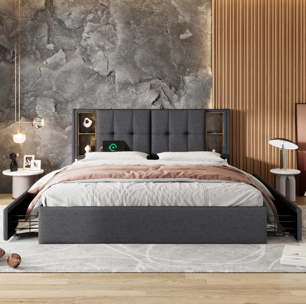 Letto matrimoniale 160x200 cm in lino grigio con ricarica wireless; USB e 4 cassetti