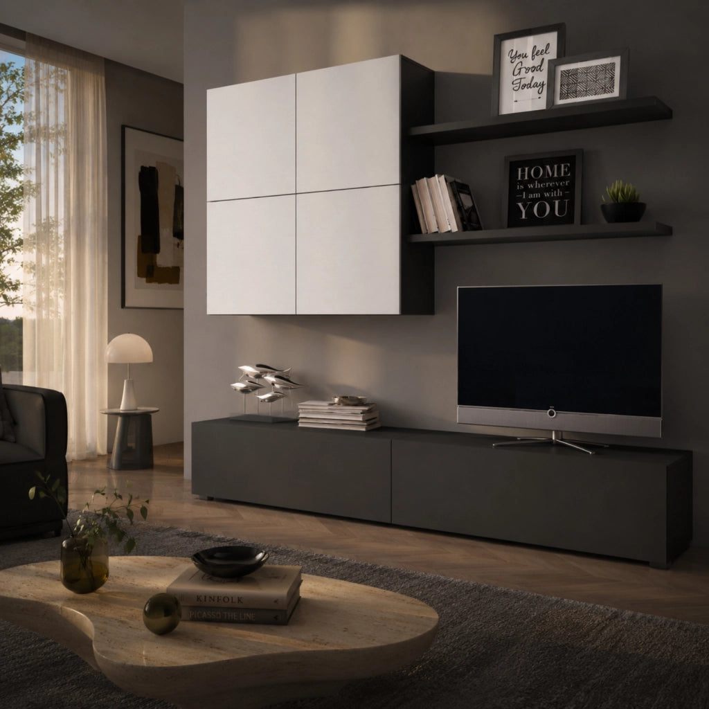 Parete Attrezzata Per Soggiorno Con Mobile Base TV 2 Ante Pensile 4 Ante E 2 Mensole Stile Contemporaneo In Melaminico Facile Da Pulire Bianco E Grigio Grafite