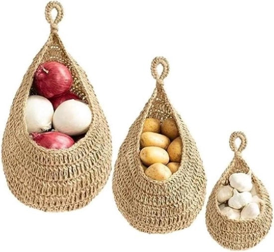 Set di 3 contenitori a forma di gocce in tessuto per il contenimento di cipolle, patate e verdure.