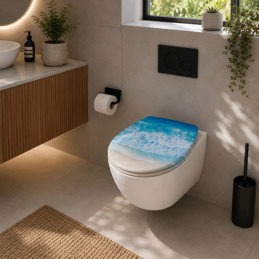 Sedile Copriwater Universale Per Bagn MDF Effetto Onde Marine Con Cerniere 94108