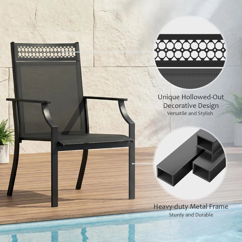 Set di 4pcs sedie da giardino con seduta allargata, in tessuto Teslin, traspiranti, ad asciugatura rapida, per esterni, portata fino a 120 kg, per giardino, terrazza, balcone, piscina (nero)
