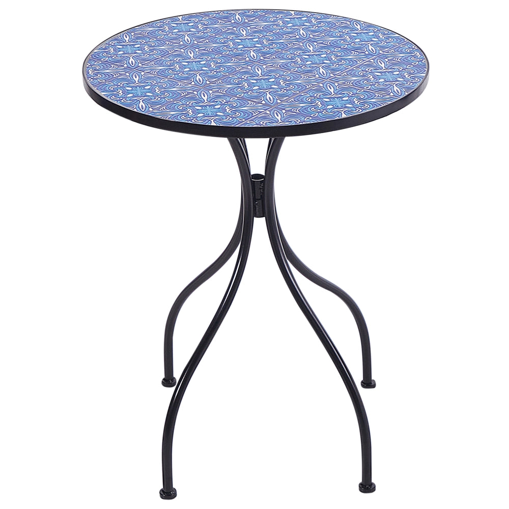 Tavolo da bistrot per esterni in metallo con mosaico blu e telaio in ferro nero stile vintage