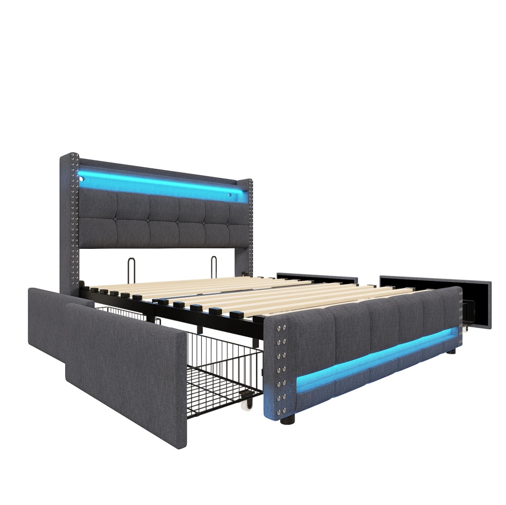 Letto matrimoniale imbottito 140x200 cm con LED e USB; contenitore e rivestimento in lino grigio