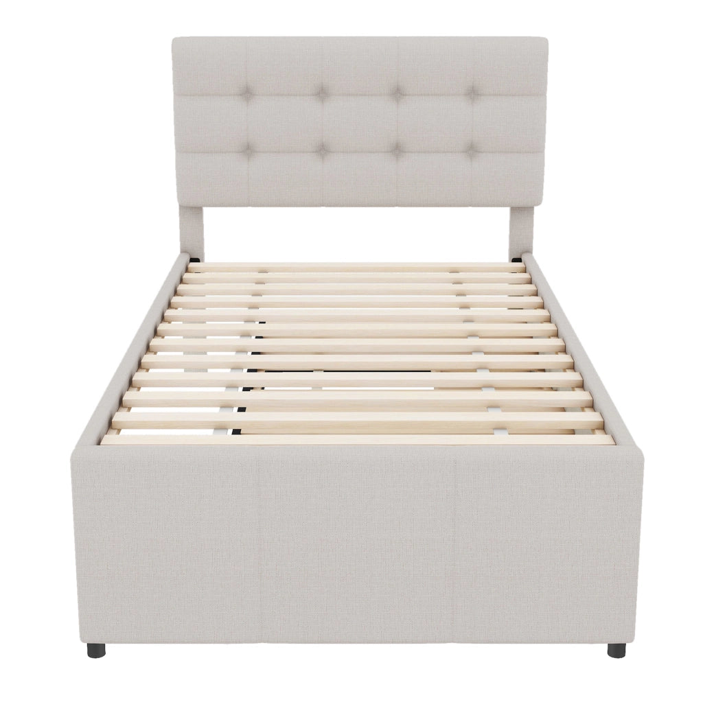 Letto singolo 90x200 cm; estraibile; 3 cassetti; testiera regolabile; lino; beige (Senza materasso)