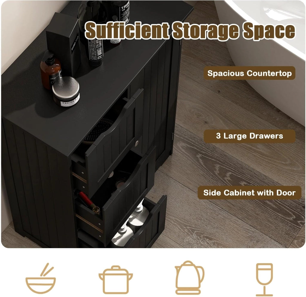 Armadietto da bagno con ripiano regolabile, in legno, 60 x 30 x 81 cm, con 3 cassetti e 1 porta, per soggiorno, cucina, corridoio (nero)