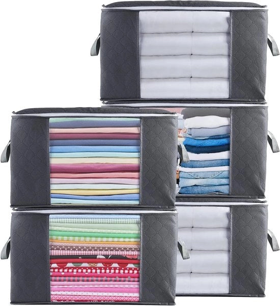 Set di grandi contenitori di stoccaggio, 5 pz, 90 litri, contenitore pieghevole per abiti con maniglie rinforzate, chiusura robusta per abiti, lenzuola, coperte e cuscini.