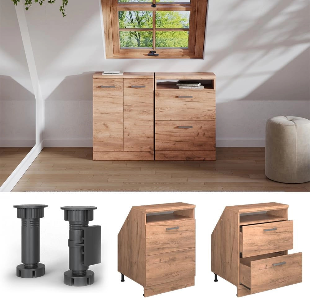 Mobile sottotetto Rion, Quercia dorata, 60 x 81.6 cm con 2 cassetti, carcassa 60 cm profondità, adatto per il salvaspazio sotto tetti spioventi