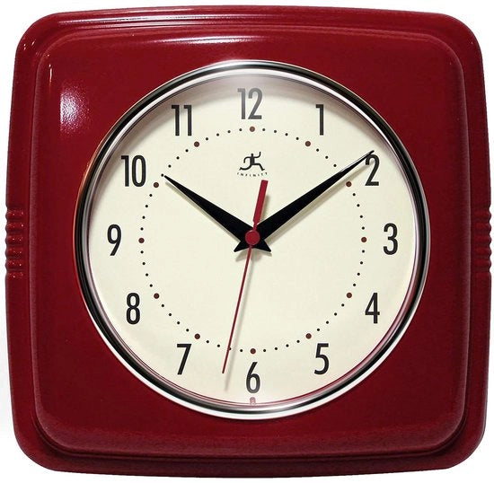 Orologio Quadrato a Sincronizzazione Automatica, 9" Moderno Stile Mid Century per Cucina e Sala da Pranzo, Urologio a Cristallo, (Rosso)