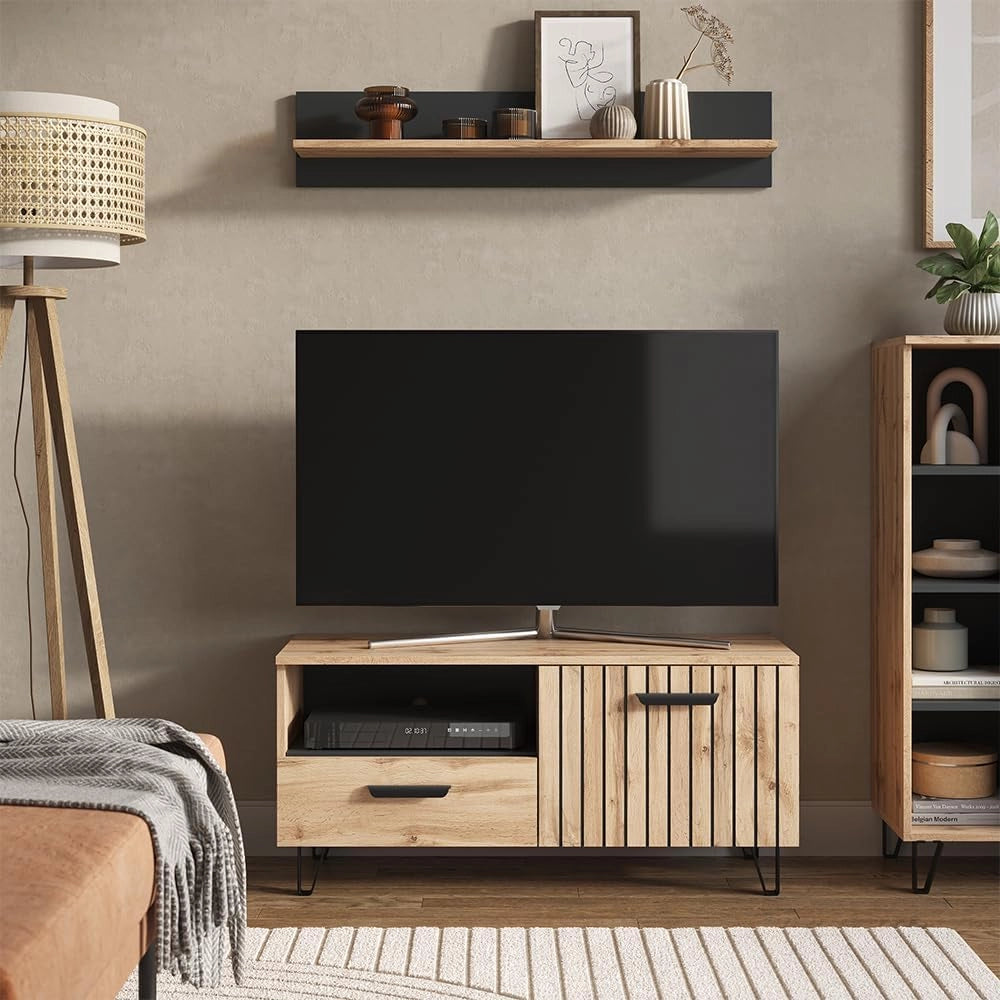 Mobile tv Amber, Marrone, 100.2 x 48.5 cm con cassetto e anta, con vano portaoggetti per spazio aggiuntivo