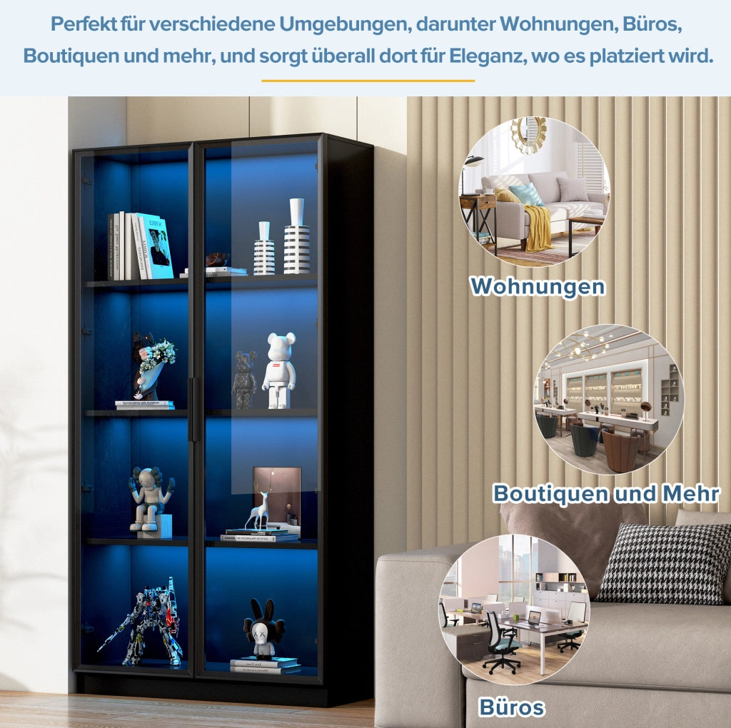 Vetrina moderna con porte in vetro e LED controllabili da app; 80 x 40 x 160 cm; nero