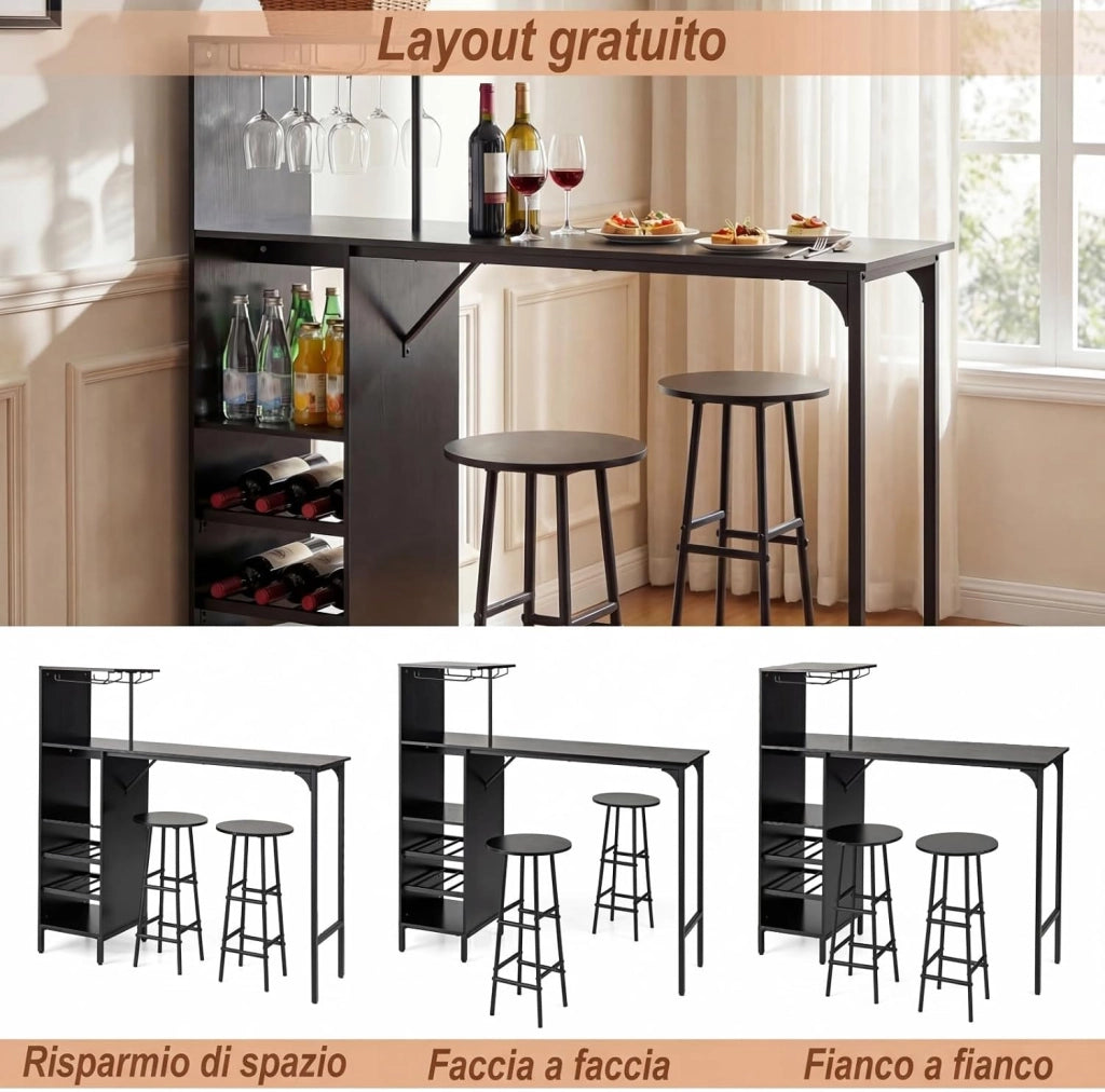 Set 3 Pezzi Tavolo e Sedie da Bar, Tavolo e Sgabelli da Pub Industriale con Porta Calici e 6 Portabottiglie da Vino, Set di Tavolo per Sala da Pranzo, Ristorante e Bar (Nero)