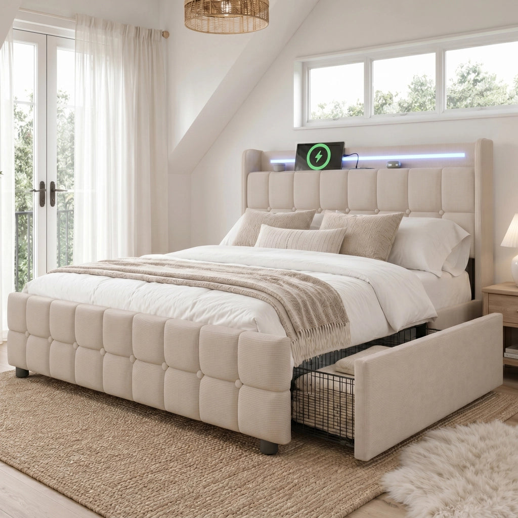 Letto matrimoniale imbottito 180x200 cm con LED; USB; 4 cassetti e testiera beige