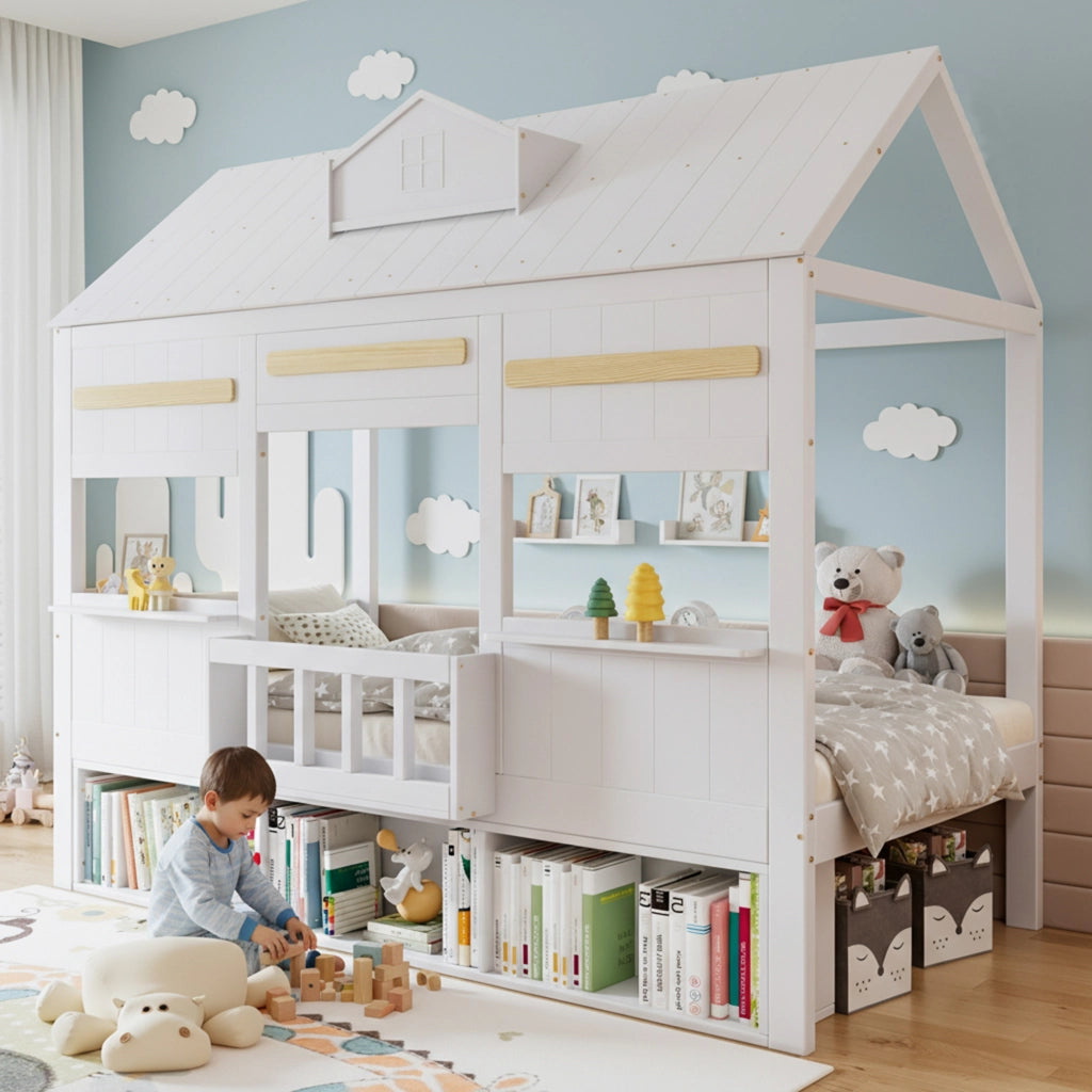 Letto a soppalco per bambini 90 × 200 cm con libreria integrata e struttura stabile, senza materasso, bianco