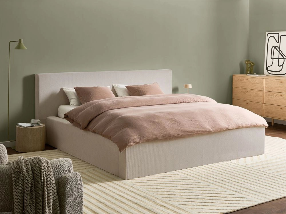 Letto imbottito in velluto a coste 180 x 200 cm con contenitore beige chiaro design moderno