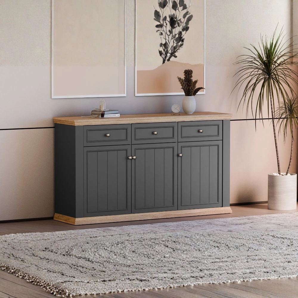 Madia Essenza 3 Ante e 3 Cassetti Grigio Scuro e Rovere 169 cm – Stile Classico Moderno