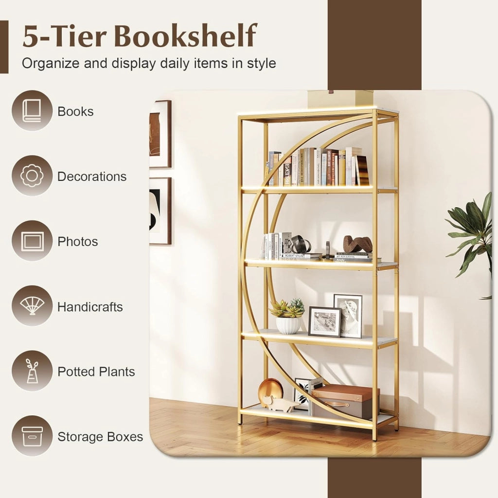 Libreria a 5 piani autoportante con 5 ripiani aperti, scaffale da esposizione industriale con design a mezzaluna per casa e ufficio, 86 x 30 x 175 cm (bianco)