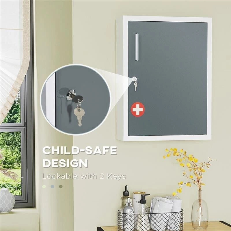 ARMADIETTO MEDICINALI CON 3 RIPIANI E BLOCCO CON CHIAVI IN ACCIAIO, 40X15X53.5CM, BIANCO E GRIGIO