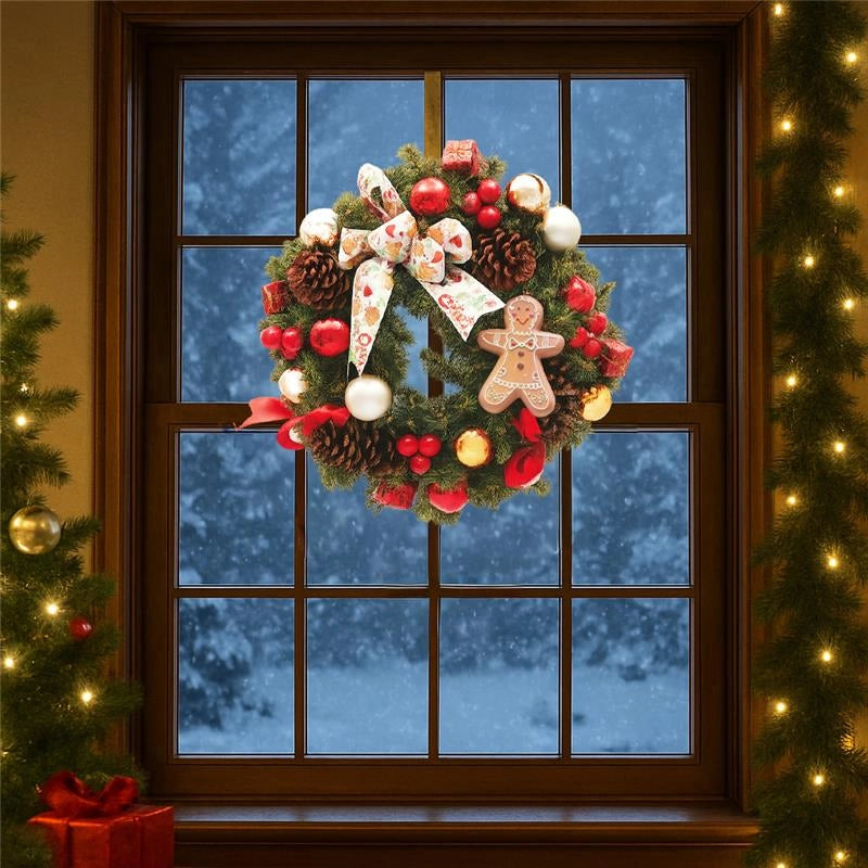 MAURY'S GHIRLANDA DI NATALE IN PVC VERDE CON FIOCCO DECORAZIONI VARIE E GINGERBREAD DIMENSIONI 40 CM