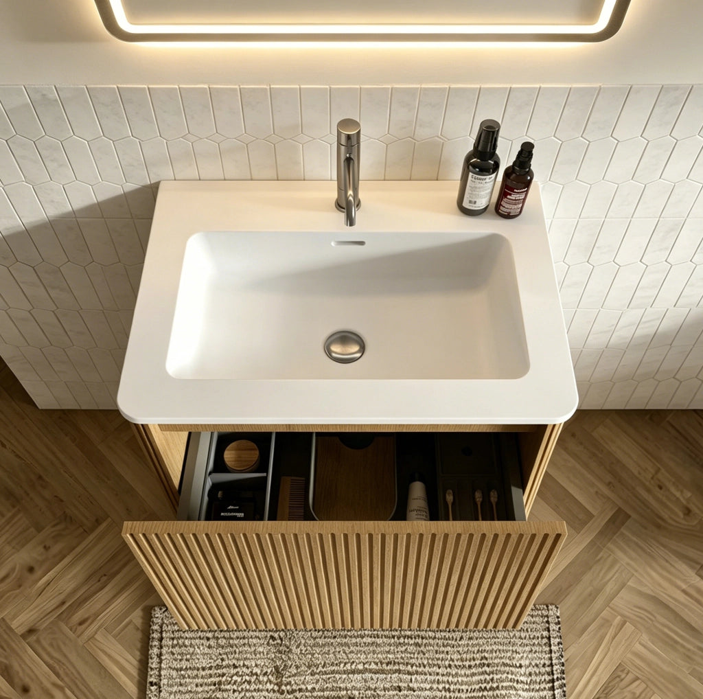 Set mobili bagno sospeso rovere con lavabo; specchio LED e colonna