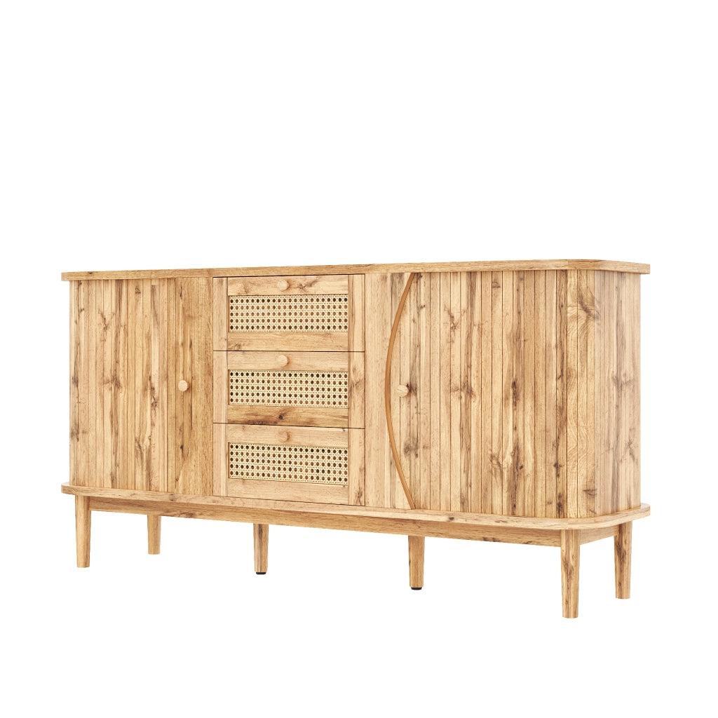 Madia 140.5x40x76 cm con 3 cassetti in rattan; ante scorrevoli e ripiani regolabili in pannello truciolare naturale