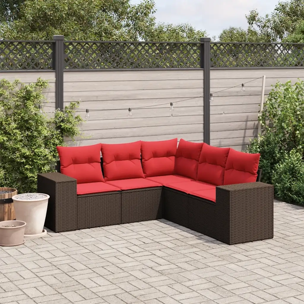 Set Divani da Giardino 5 pz con Cuscini Marrone in Polyrattan 3222553